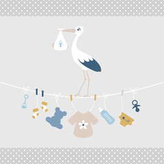 Fototapeta premium Storch Auf Wäscheleine Babysymbole Junge Retroblau Senfgelb Kanten Punkte Grau