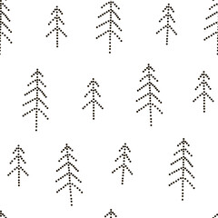 Dotted line minimalistic Christmas pine tree forest vector seamless pattern. Abstract Xmas modern dotty pine tree background. Seasonal winter holidays monochrome geometric doodle graphic print design