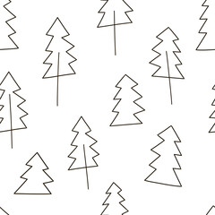 Linear minimalistic Christmas tree forest vector seamless pattern. Abstract Xmas modern line art pine tree background. Seasonal winter holidays monochrome geometric doodle graphic print design