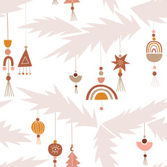 Christmas tree Bohemian decor vector seamless pattern. Boho Xmas fir abstract decorative toys background. Modern geometrical winter holidays decoration graphic design.