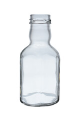 Empty, hexagon-shaped glass bottle. For sauce or ketchup without a lid. Isolated on a white background