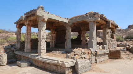 Hampi ruins ancient stone art with amazing dramatic sky image is taken at Hampi Karnataka India. it is showing the impressive architecture in Hampi.