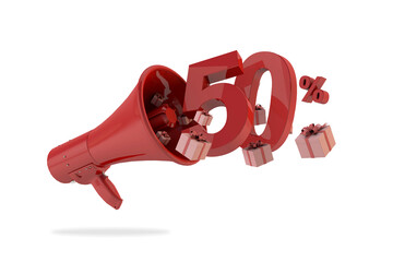 55% off discount, red number fyfty. Promotion concept with red megaphone and gift boxes. 3D Render