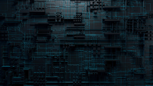 Futuristic technology background. View top on circuit board. Micro structure cyberspace. 3d sci fi wallpaper. 3d render. 3d illustration.