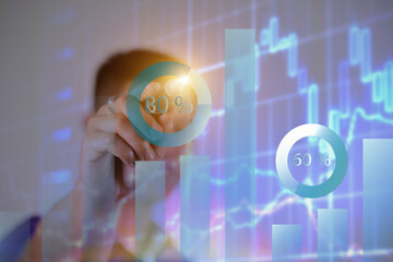 Businessman pointing at a chart showing business growth, finance or organizational development. exposure of financial graph. Stock market chart. stock market or forex graph, Forex technology concept.