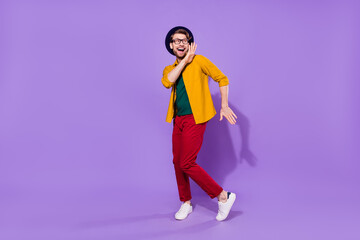 Full length body size view of attractive cheerful guy dancing moving good mood isolated over bright violet purple color background