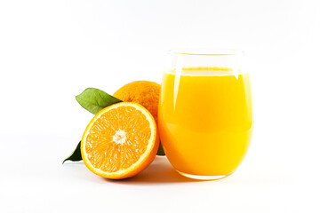 Glass of fresh orange juice with fruits cut in half and sliced with green leaf isolated on white background, clipping path