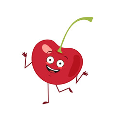 Cute cherry character cheerful with emotions dancing, arms and legs. The funny, happy or smile hero, red sweet berry