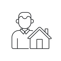 Realtor with a house linear icon. Real estate. Thin line customizable illustration. Contour symbol. Vector isolated outline drawing. Editable stroke