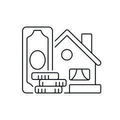 House sale agreement with money linear icon. Real estate. Thin line customizable illustration. Contour symbol. Vector isolated outline drawing. Editable stroke