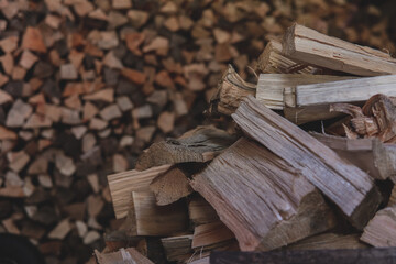 Winter preparation. Stacking Firewood. Pile of firewood loggs. Firewood background.