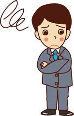 腕を組んで悩むスーツ姿の男性。