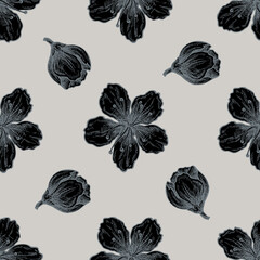 Seamless pattern with hand drawn stylized peach flowers
