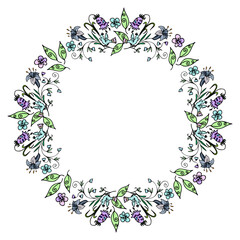 Vector round frame made of hand-drawn doodle flowers bells, small pigeons, leaves with an ornament. Space for text isolated on white background for design of albums, cards, holiday invitations.