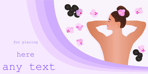 Massage banner or flyer. Template with empty place for text or design. Girl's back, top view. SPA procedures for women.