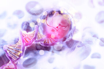 Fetus with dna on scientific background. 3d illustration - obrazy, fototapety, plakaty