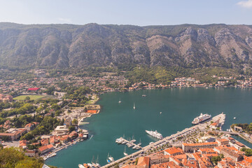View of the city of Kotor from a high point on a sunny summer day. Montenegro 