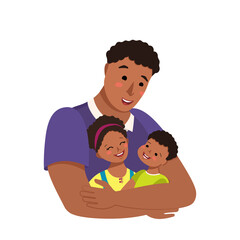 Dad hugs his son and daughter. Happy family. The man spends time with the children. International father day, men day. Education and care