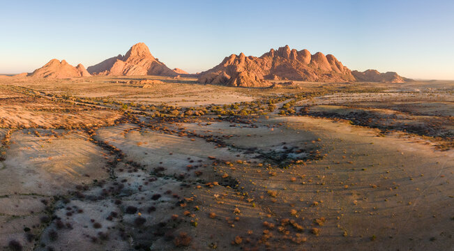 Panoramic aerial view of Spitzkoppe mountain range landscape, Damaraland, Namibia.