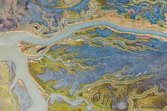 Aerial view of the abstract pattern made by Scheldt river estuaries near Belgium and The Netherlands border, Nieuw-Namen, Zeeland, The Netherlands.