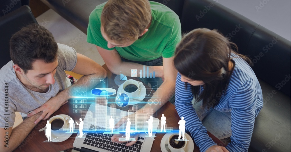 Poster composition of screen with data processing over business people using laptop