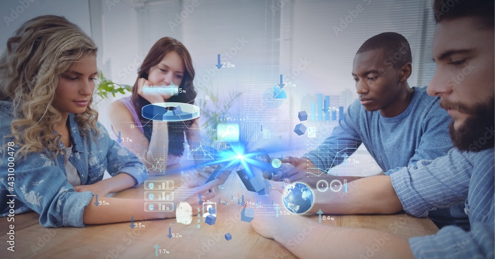 Poster composition of screen with data processing over business people using smartphones