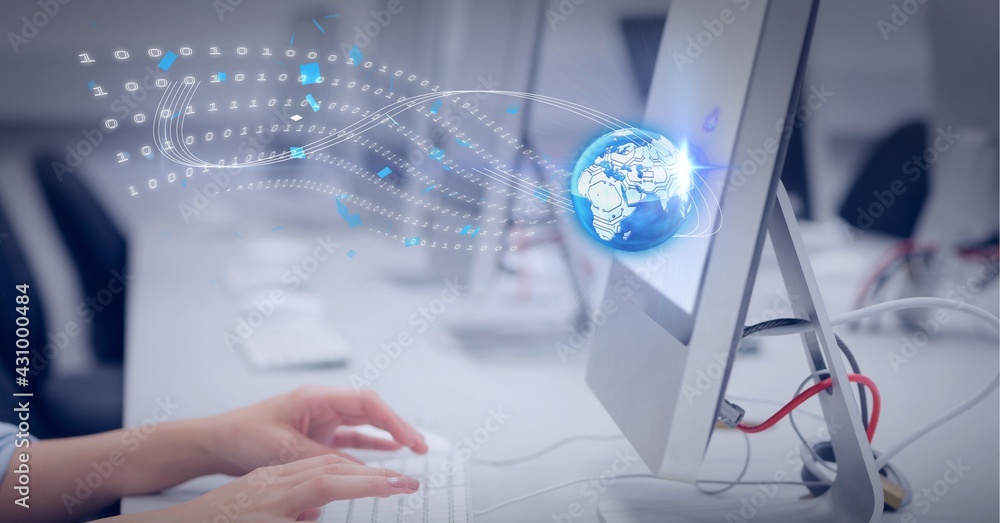 Aufkleber graphic of world and binar code wave over desk with row of monitors