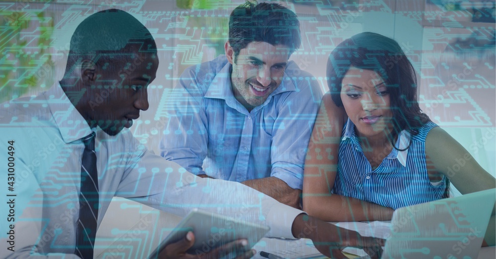 Poster composition of computer processor over business people using laptop