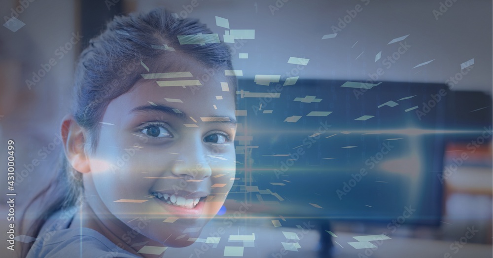 Poster composition of tunnel with colourful rectangles over smiling schoolgirl using computer