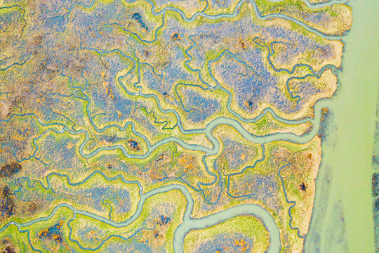 Aerial view of the abstract pattern made by Scheldt river estuaries near Belgium and The Netherlands border, Nieuw-Namen, Zeeland, The Netherlands.