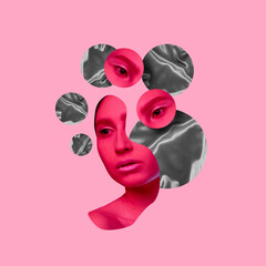 Modern design, contemporary art collage. Inspiration, idea, trendy urban magazine style. Female beauty portrait divided on pastel background
