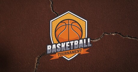 Composition of basketball tournament text and banner over brown cracked distressed surface