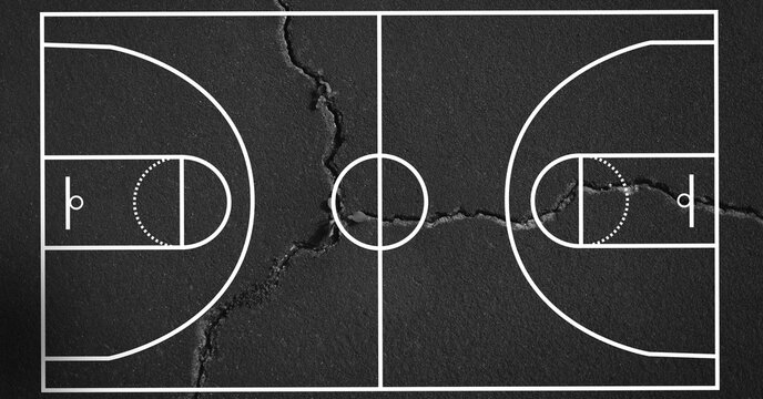 Composition of basketball court over grey cracked distressed surface
