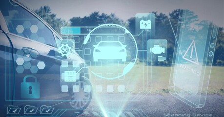 Composition of car drawing with computer digital icons with countryside in background