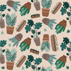 seamless pattern with houseplants in green and brown colors