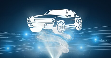 Composition of car drawing with glowing light trails on blue background