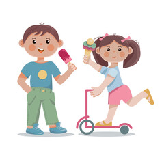 Cute little boy and girl eating ice cream.