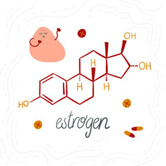 Estrogen chemical formula, female sex hormone. Hand-drawn doodle illustration with a cute abstract character. Symbol for biology, chemistry, naturopathy, medicine. Isolated on white.