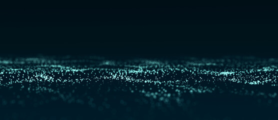 Abstract wave with moving dots. Flow of particles. Cyber technology illustration. 3d rendering