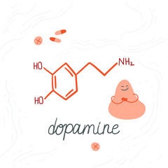 Dopamine neurotransmitter molecule. Hand-drawn doodle illustration with a cute abstract character. Symbol for biology, chemistry, naturopathy, medicine. Isolated on white.