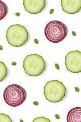 Food pattern background - cucumber, onion, basil leaves