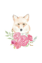 Fashion fox watercolor, cute funny woodland animals, fox hipster