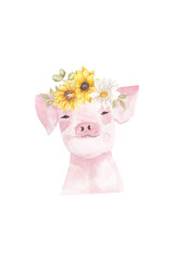 Pig with sunflowers , pig sublimation , farm animal clipart