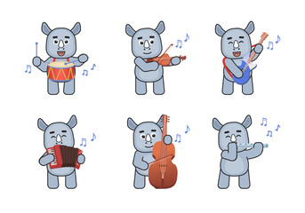 Cute rhino mascots play on various musical instruments. Rhino with drums, violin, guitar, accordion, flute, contrabass. Modern vector illustration