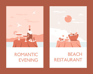 Outdoor romantic meal. Champagne bottle in bucket, glasses, candle, fruit on table with sea and hills views, gulls over the water, luxury rest, beach restaurant, honeymoon concept. Illustration set
