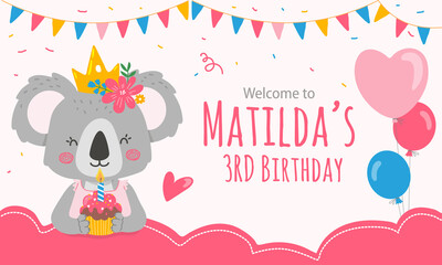 Print template with koala bear princess for welcome sign in pink color.Vector illustration in flat style.