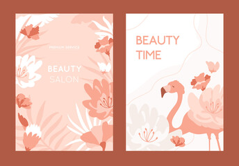 Fototapeta na wymiar Flyers set with flamingo and flowers. Blossom and beautiful wild bird. Beauty time banner design, floral card, wedding invitation template. Summer, spring illustration with copy space. Pink colors