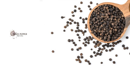 Black pepper seeds on white background. Food ingredients, spices