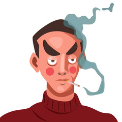 a man cartoon character with the red shirt is smoking cigarette, a pollution smoke from cigarette.