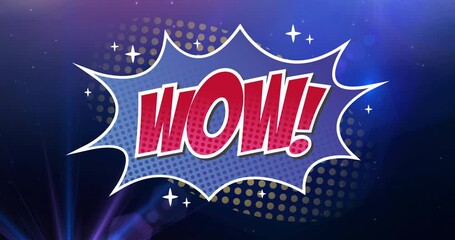 Animation of wow text in red letters over speech bubble and glowing blue background - Powered by Adobe